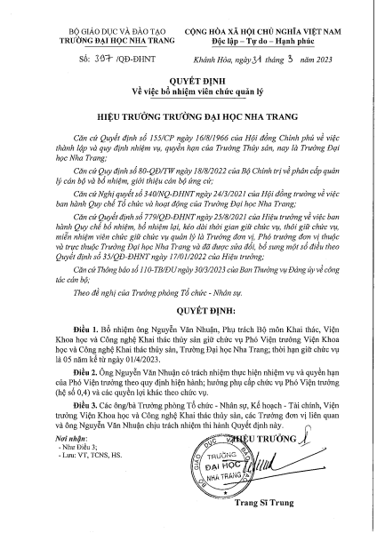 Công bố Quyết định bổ nhiệm Phó Viện trưởng Viện Khoa học và Công nghệ Khai thác Thủy sản